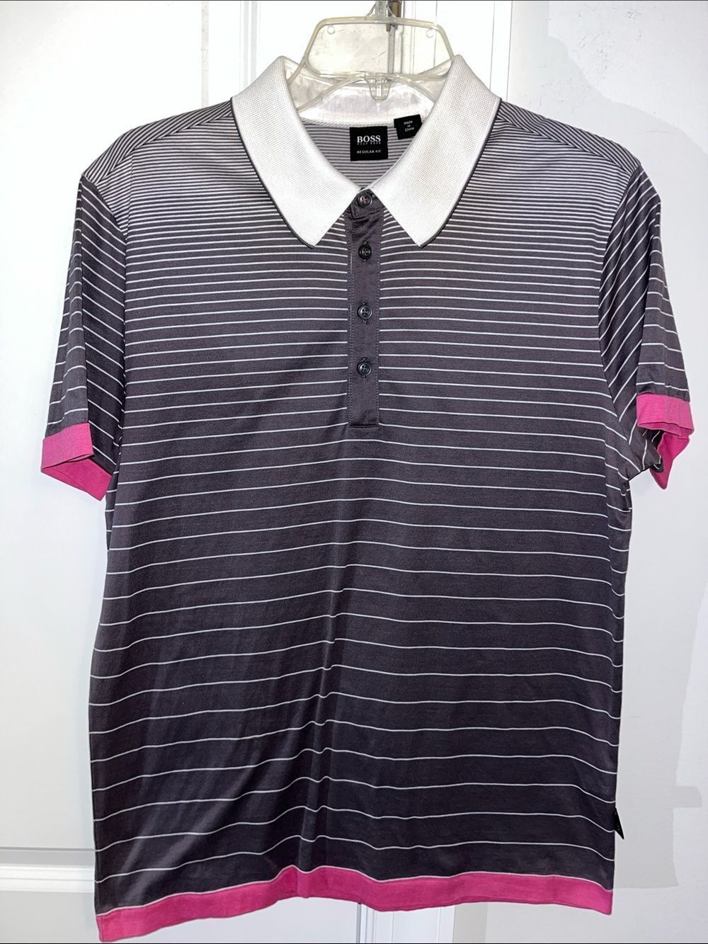 Gray White Stripe Hot Pink Trim Cotton Hugo Boss Polo golf shirt M Regular Fit